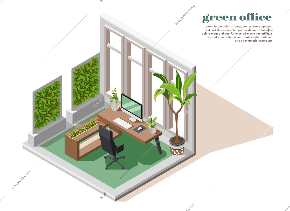 Green office colored and isometric composition with big windows in room plants and working place vector illustration