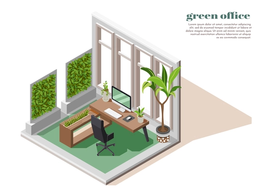 Green office colored and isometric composition with big windows in room plants and working place vector illustration