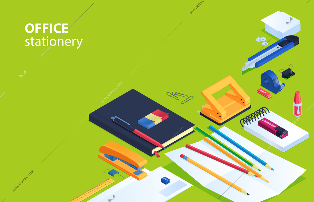 Office stationery background with eraser pen sharpener and pencil isometric vector illustration