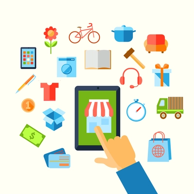 E-commerce shopping with hand touching screen and icons vector illustration.
