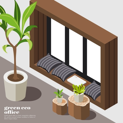 Isometric green office background with eco equipment and tools plants and furniture vector illustration