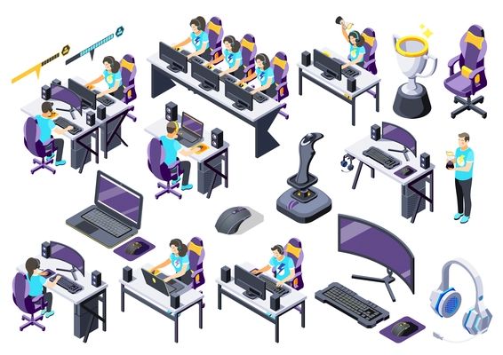 Cybersport isometric recolor icon set with trophy online symbol computers and gamers vector illustration