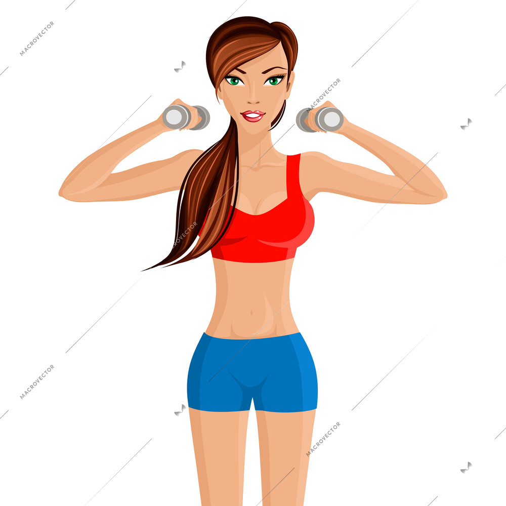 Young attractive sexy girl in red sportswear top with hand dumbbells workout vector illustration