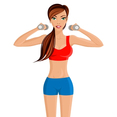 Young attractive sexy girl in red sportswear top with hand dumbbells workout vector illustration