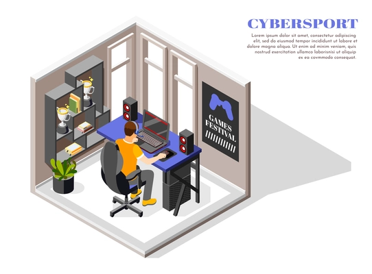 Cybersport isometric composition man sits and plays a computer game at home vector illustration