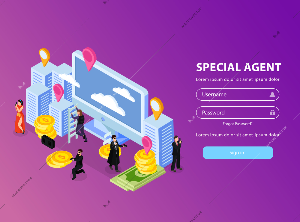 Special agent spy isometric background with fields for signing in and computer with coins and buildings vector illustration