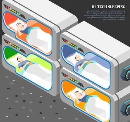 Hi-tech sleeping isometric and colored background with sleeping people in smart capsule hotel vector illustration