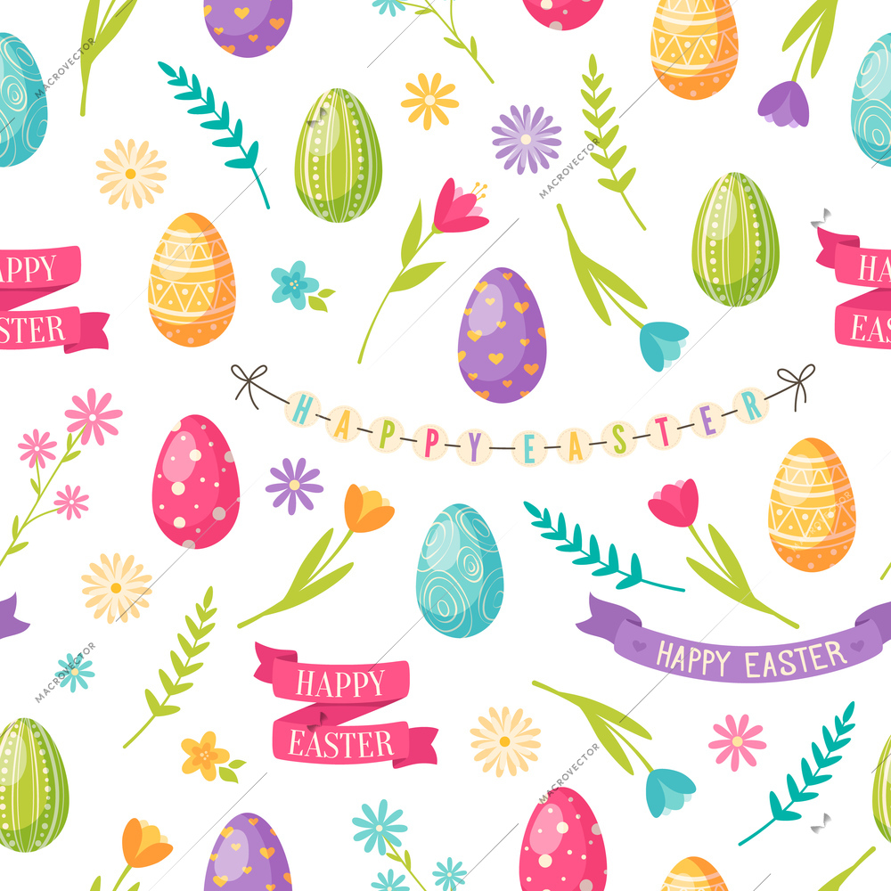 Easter cartoon seamless pattern with flower eggs and ribbons vector illustration