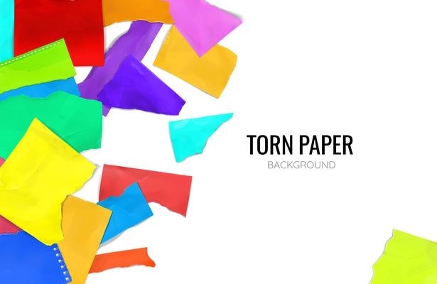 Ripped torn scrapbook colorful college notebook pages plain paper pieces scattered against white background realistic poster vector illustration