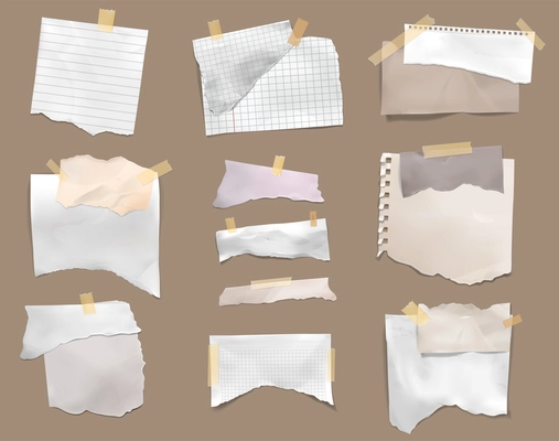Ripped torn pieces checked pages lined paper stick with adhesive tape to cardboard realistic set vector illustration