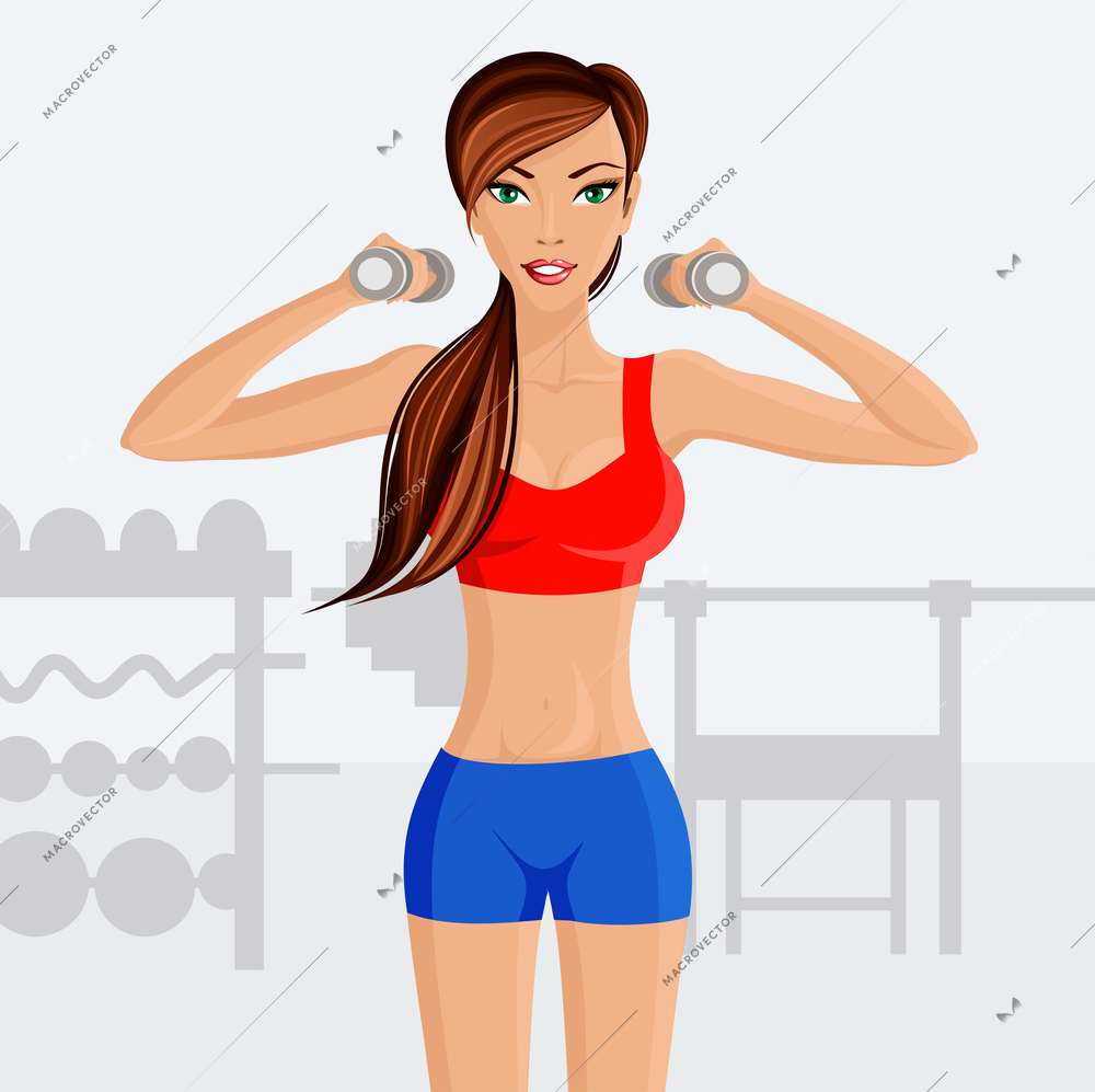 Young slim fit girl in red top with hand dumbbells in fitness center gym vector illustration