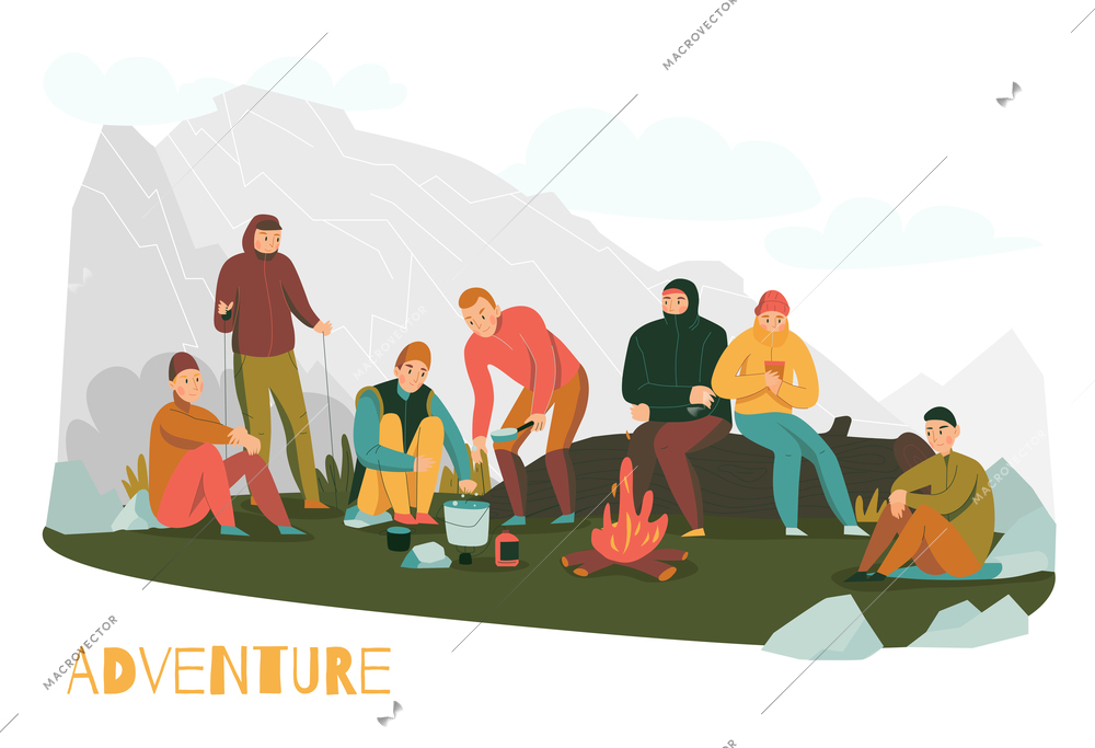 Mountain hiking tours adventures flat composition with mountaineers making halt in foothills starting camping fire vector illustration