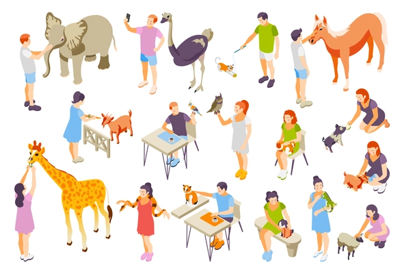 Contact zoo contact farm zoocafe isometric icon set with man and pet in cafe girl feed giraffe touch animals vector illustration