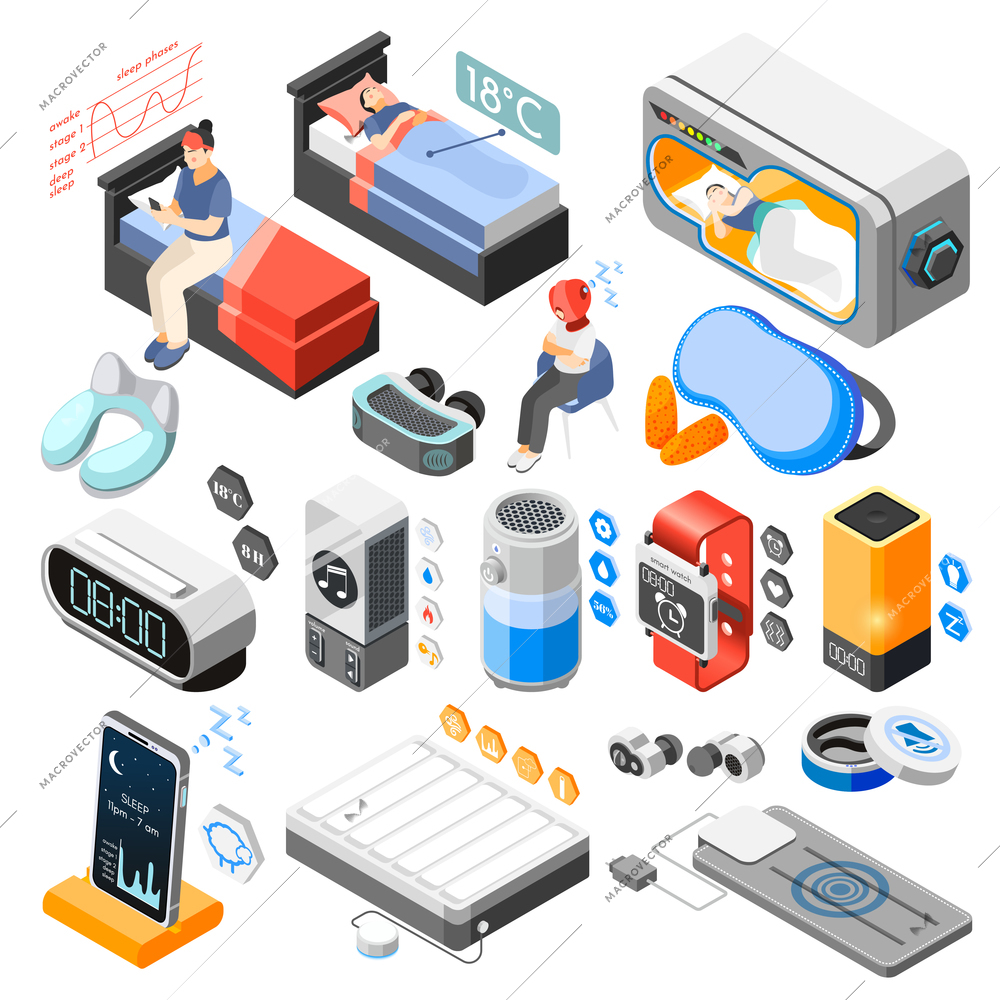 Hi-tech sleeping isometric and isolated icon set with different tools for good sleep vector illustration