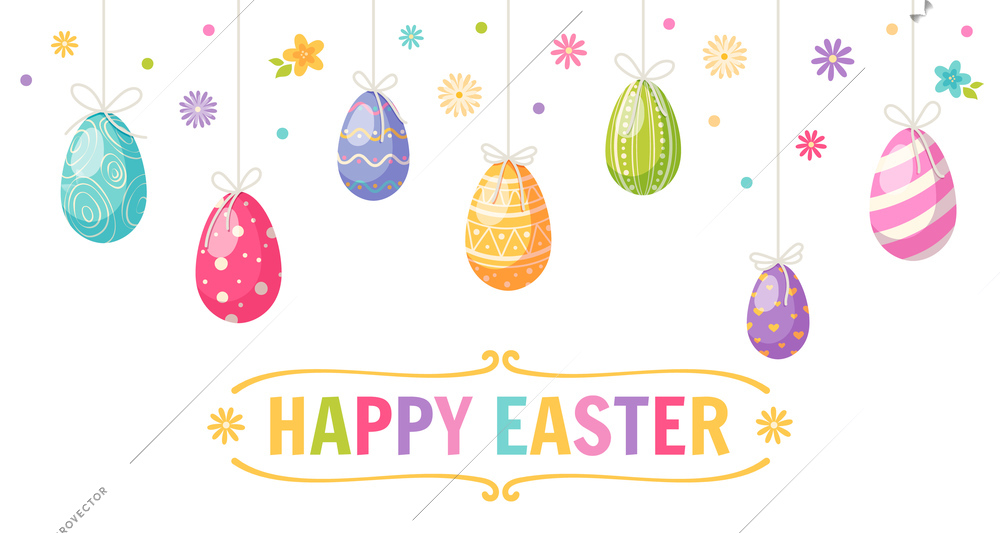 Happy Easter cartoon background with colored eggs and flowers vector illustration