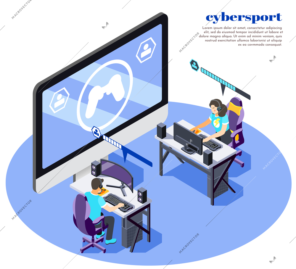 Cybersport isometric and colored composition with abstract online gaming and two people vector illustration