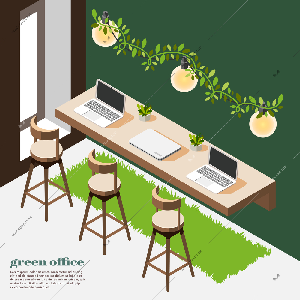 Green office isometric background room with green walls grass wooden table and chairs vector illustration