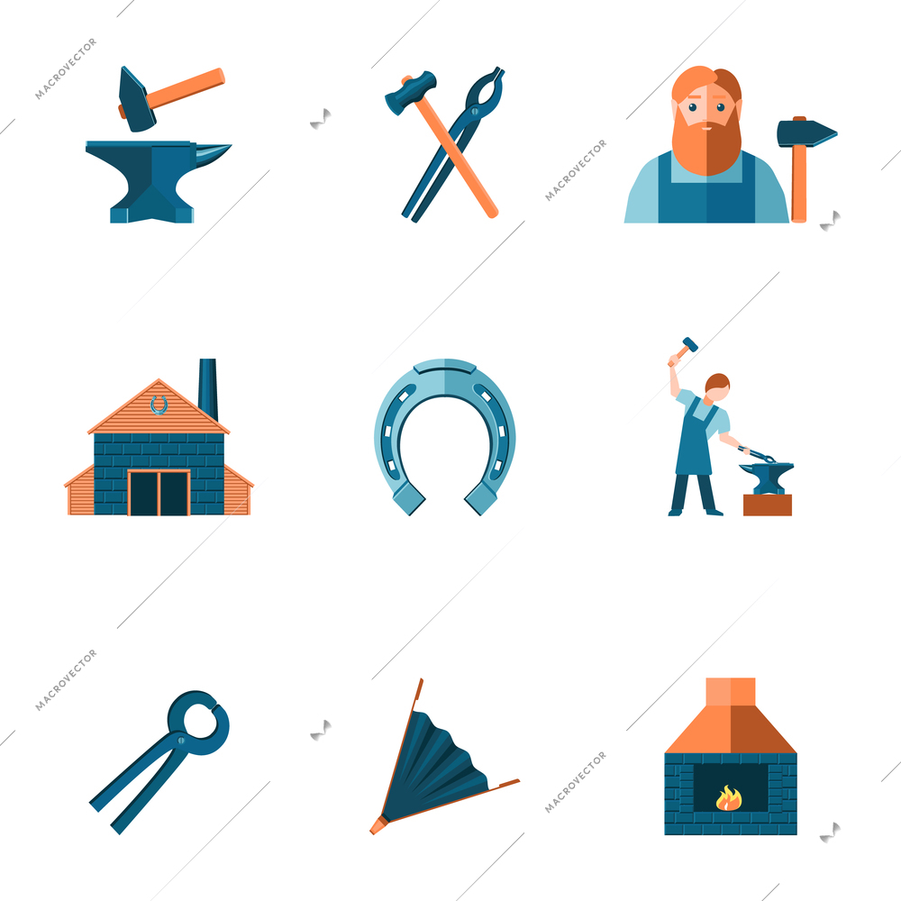 Decorative blacksmith shop anvil steel tongs tools and horseshoe pictograms icons collection flat isolated vector illustration