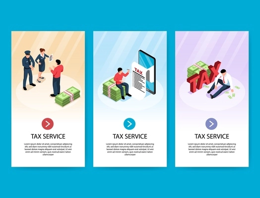 Isometric tax accounting vertical banners set with images of people with money banknotes with editable text vector illustration