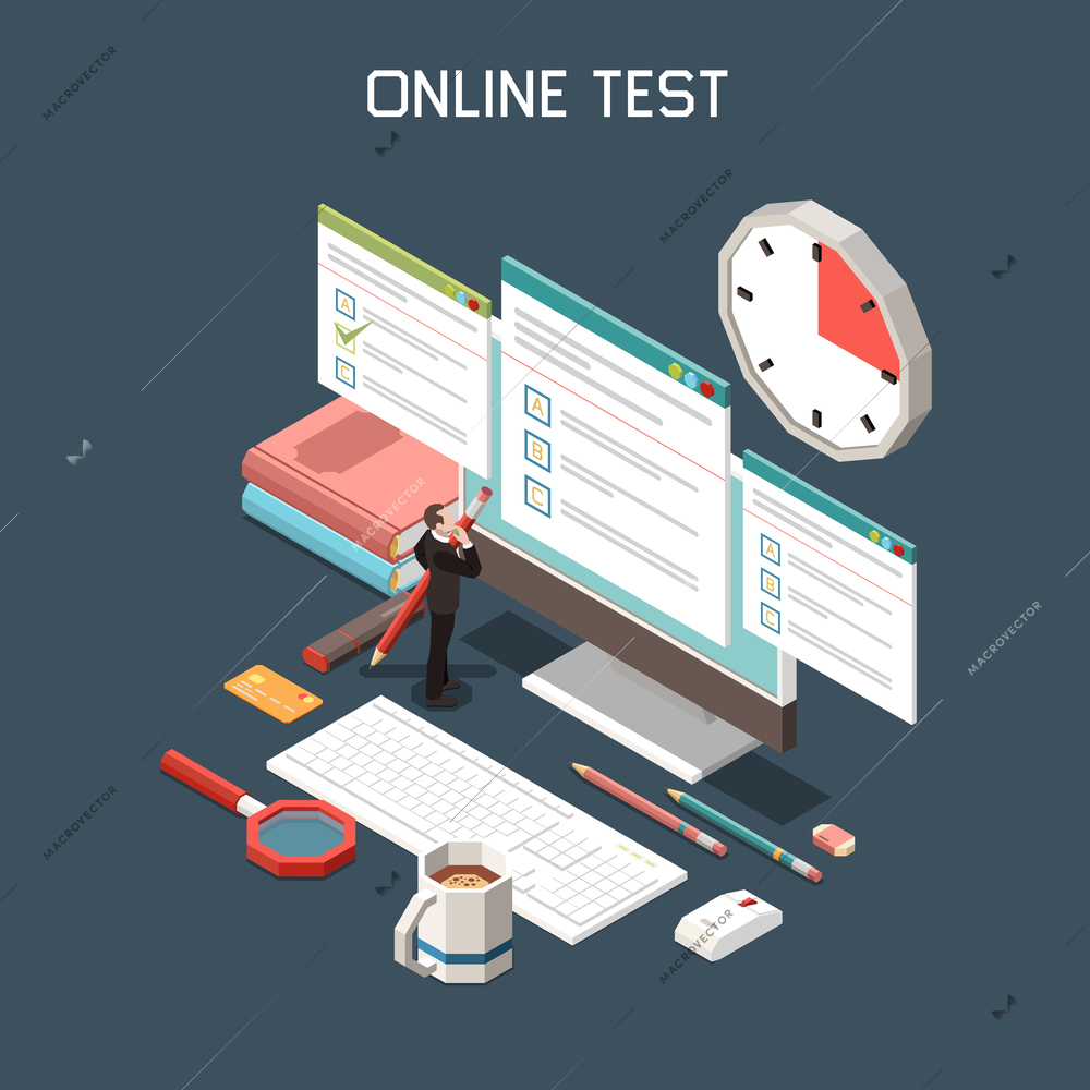 Online test isometric background with forms of questioning on computer screen used for internet exam or quiz vector illustration