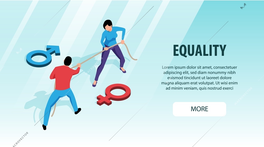 Isometric feminism horizontal banner with editable text clickable button and characters of couple tugging the rope vector illustration