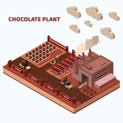 Chocolate plant abstract background with conveyor lines and loaders of finished sweet food production isomeric vector illustration