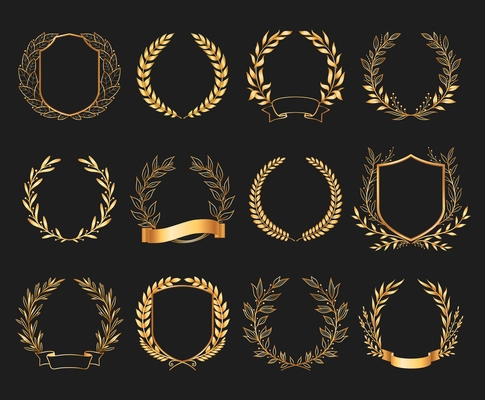 Golden emblems realistic set with ribbon and wreath on black background isolated vector illustration