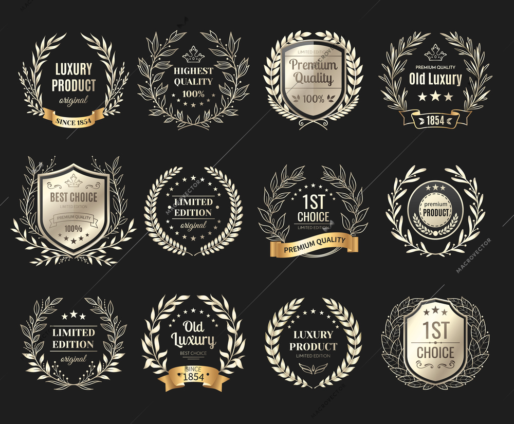 Awards emblems realistic set on black background isolated vector illustration