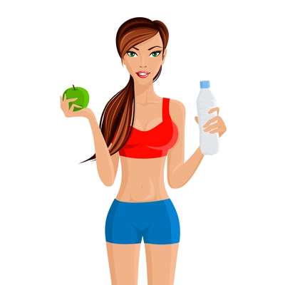 Young fit attractive girl maintains healthy weight with apple water diet and workout vector illustration