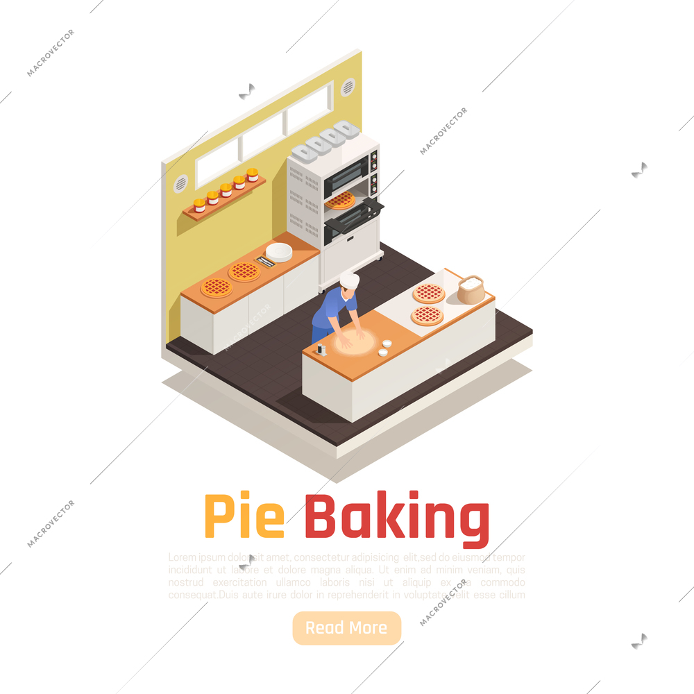 Bakery confectionery facility isometric workplace serving counter view with dough rolling for pies pizzas desserts vector illustration