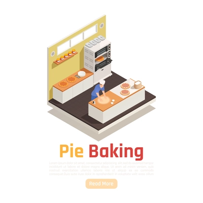 Bakery confectionery facility isometric workplace serving counter view with dough rolling for pies pizzas desserts vector illustration