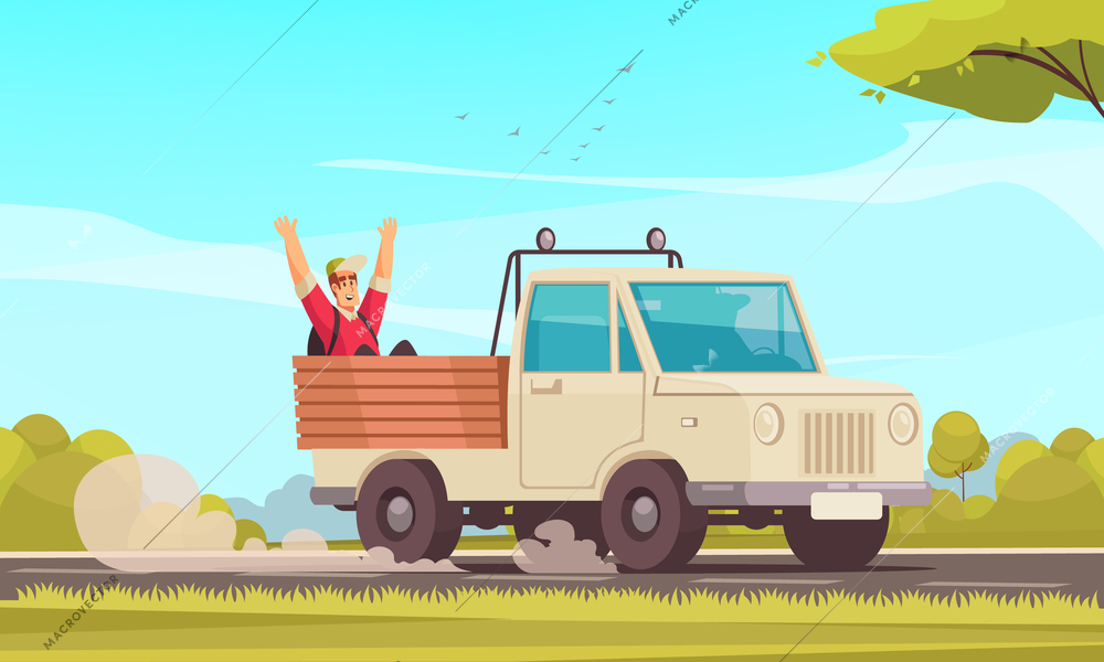 Cartoon background with happy hitchhiking man going in body of truck vector illustration