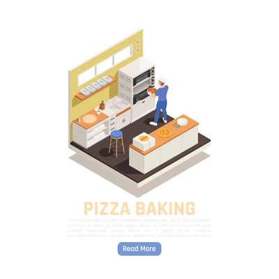 Pizza shop takeaway restaurant delivery baking and service counter isometric composition with setting in oven vector illustration