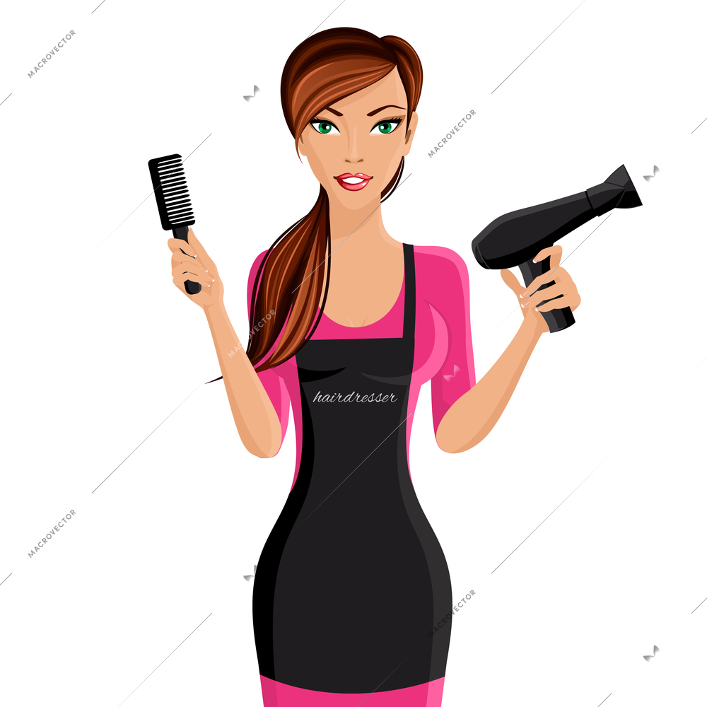 Attractive happy girl hairdresser with comb and hair dryer portrait isolated on white background vector illustration.