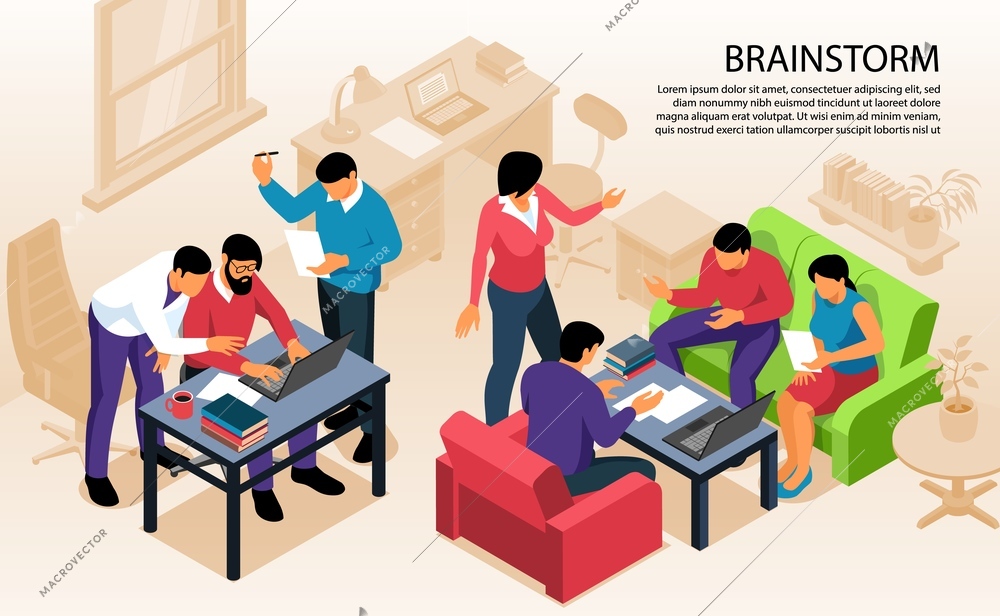 Teamwork collaboration bringing creative ideas forward isometric composition of brainstorming team members against pale office background vector illustration