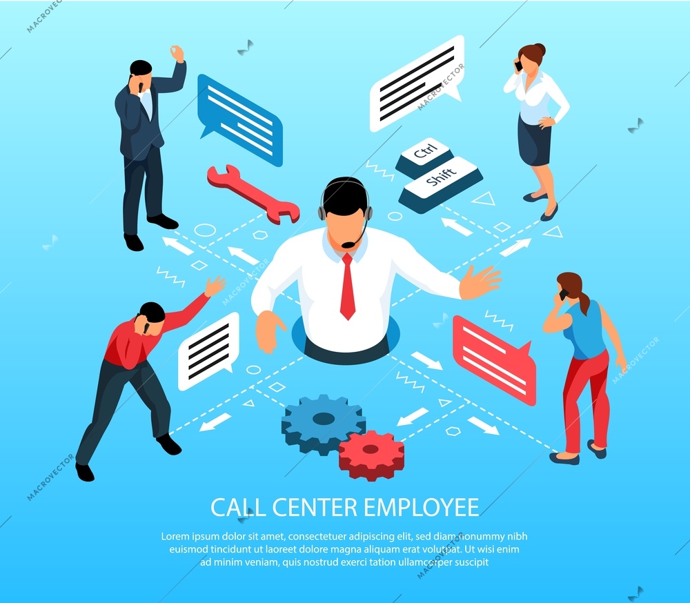 Call center employee providing customer service isometric infographic composition with cogwheel speech balloons symbols background vector illustration