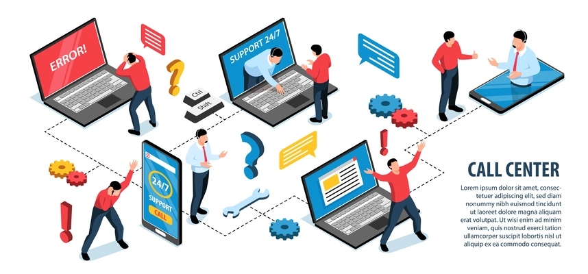 Call center infographic flowchart with   online customer support service operators  solving problems answering questions vector illustration