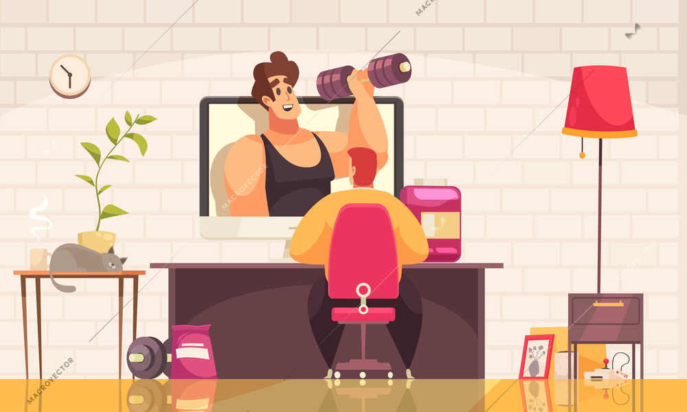 Man watching video blogger on sport channel at home cartoon vector illustration