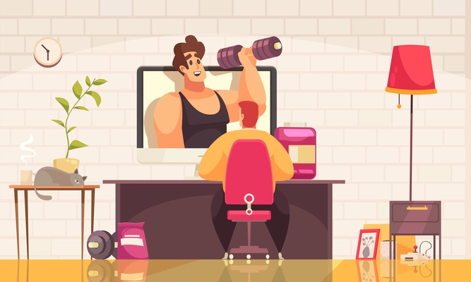 Man watching video blogger on sport channel at home cartoon vector illustration