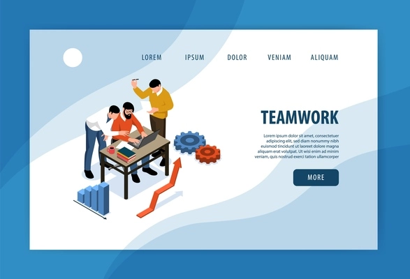 Isometric teamwork concept banner for web site landing page with people and links buttons with text vector illustration