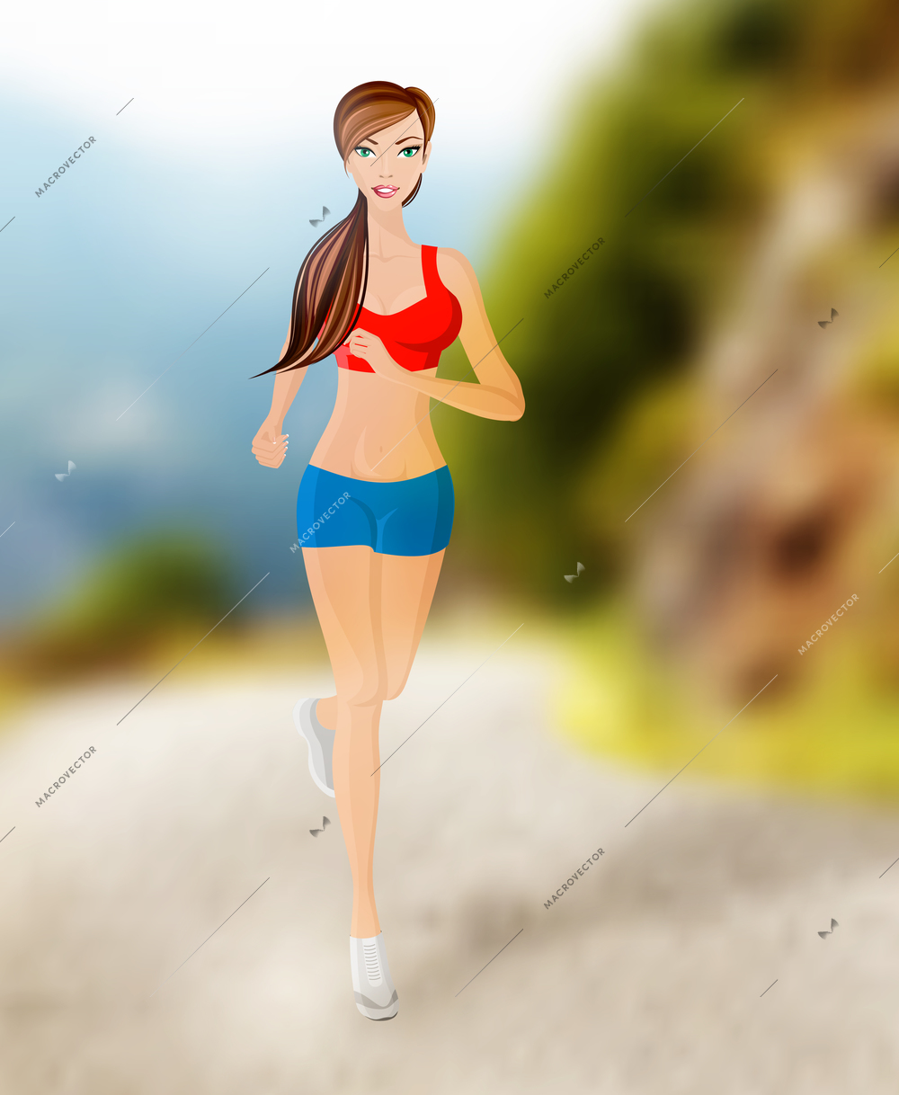 Full length portrait of young sexy attractive young running woman on outdoor background vector illustration
