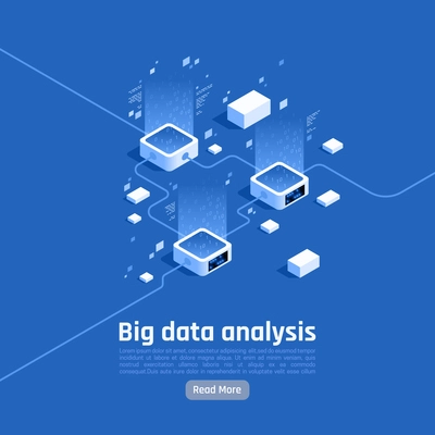 Big data analysis storage business intelligence systems modern high tech isometric background web page composition vector illustration