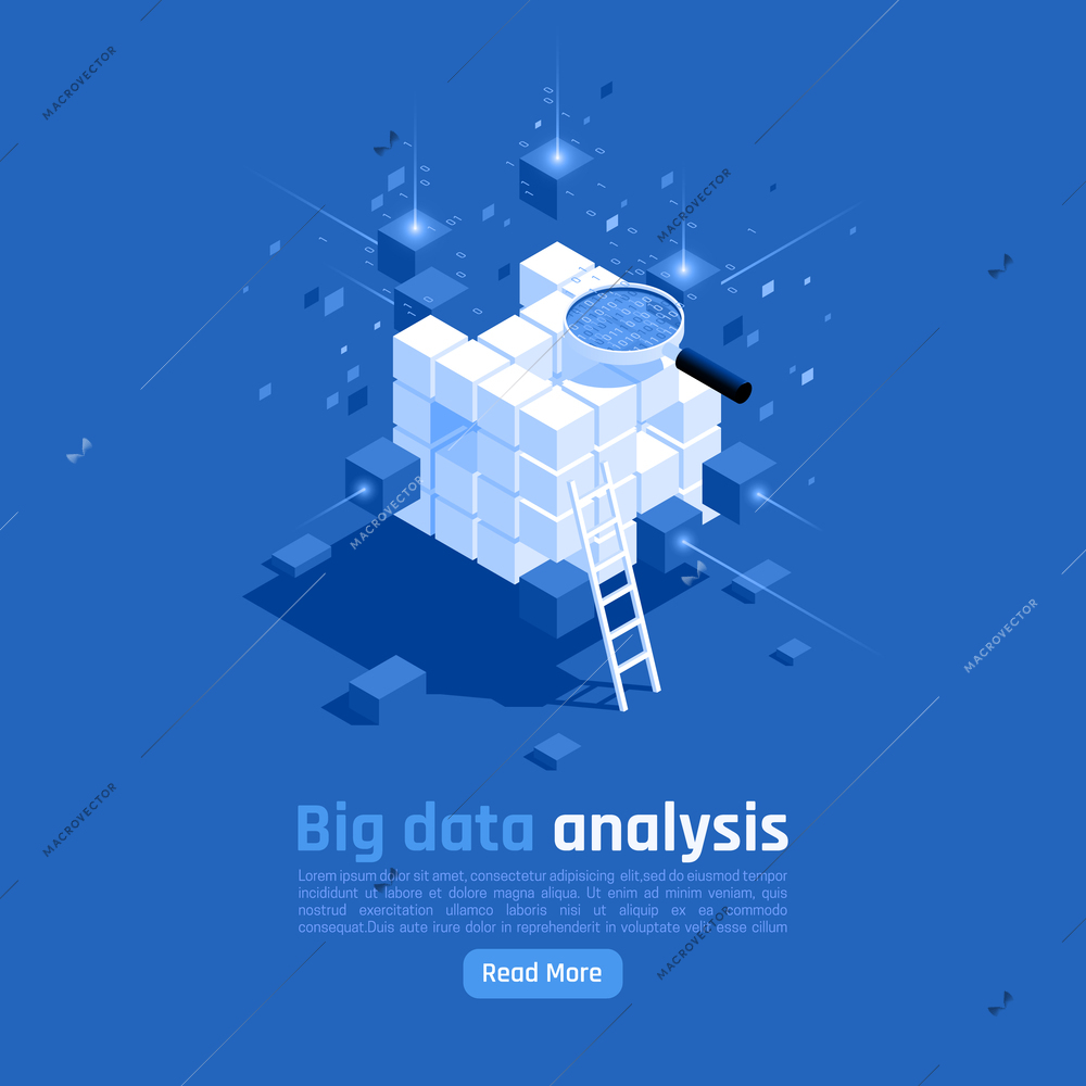 Big data analysis isometric composition with ladder magnifier symbols of storage search access systems background vector illustration