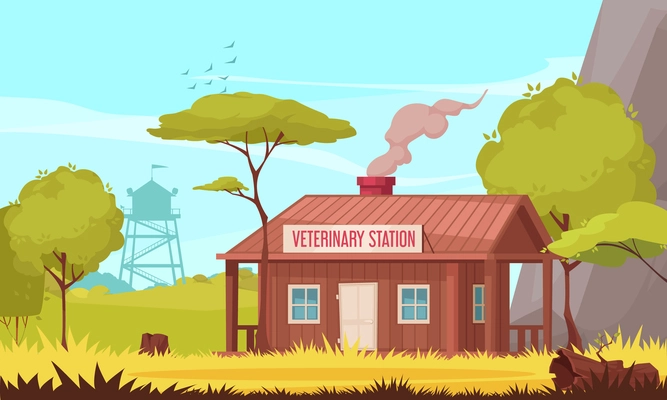 Forest ranger cartoon background with wooden building of veterinary station in forest vector illustration