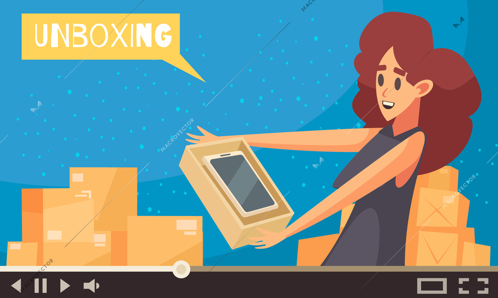 Woman video blogger unboxing package with tablet live cartoon vector illustration