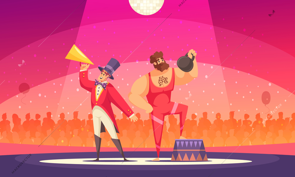 Strongman with weight piece and show presenter at circus cartoon vector illustration