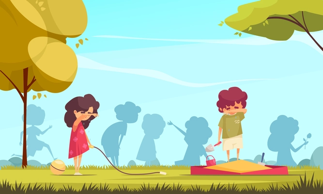 Colored cartoon background with two lonely children crying on playground vector illustration