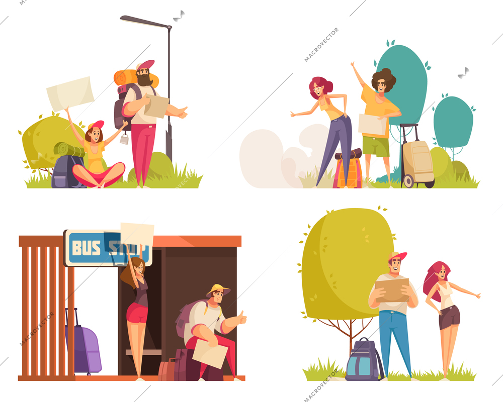 Colored cartoon compositions set with men and women with luggage hitchhiking isolated vector illustration