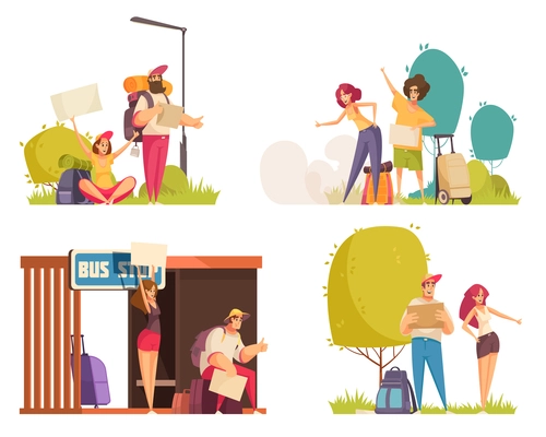 Colored cartoon compositions set with men and women with luggage hitchhiking isolated vector illustration