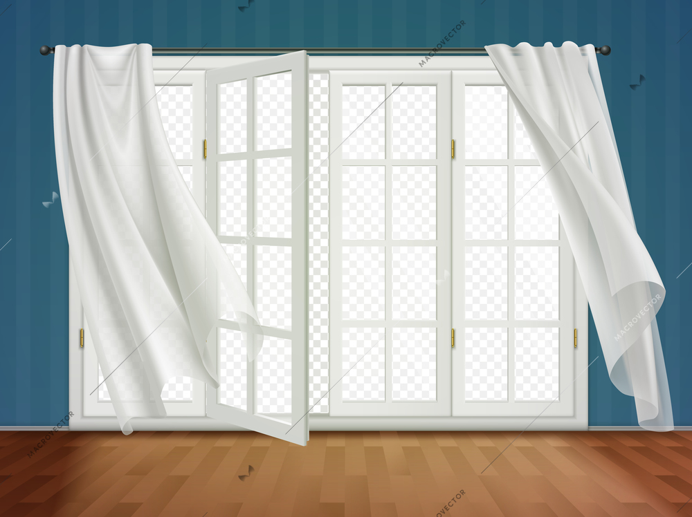 Open window billowing curtains indoor composition with transparent view from window and hanging curtains with rod vector illustration